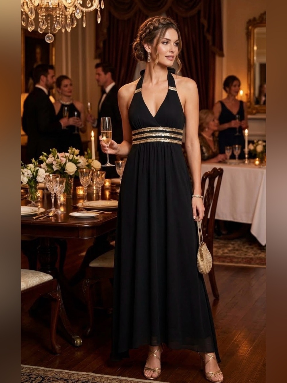 Elegant Black Halter Evening Dress with Gold Accents